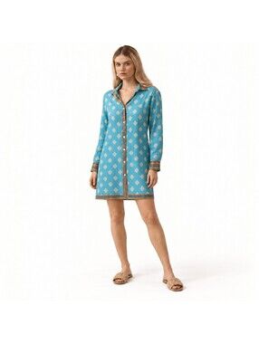 NWT Guadalupe Rhombus Blue Geometric Button-Front Shirt Dress Size Small